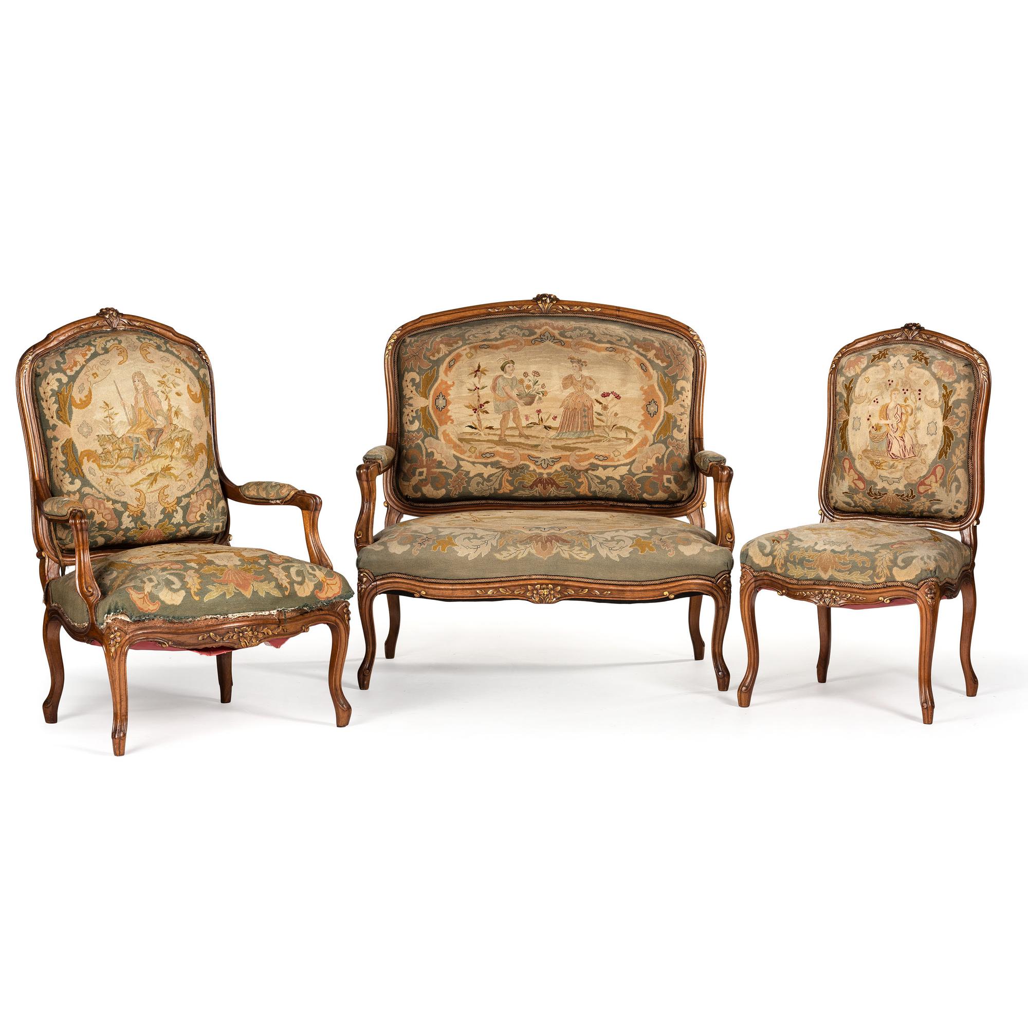 A Suite of Louis XV-Style Carved Walnut Needlework Upholstered Seating Furniture