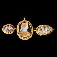 A Trio of Gold-mounted Sardonyx Cameos featuring Nero