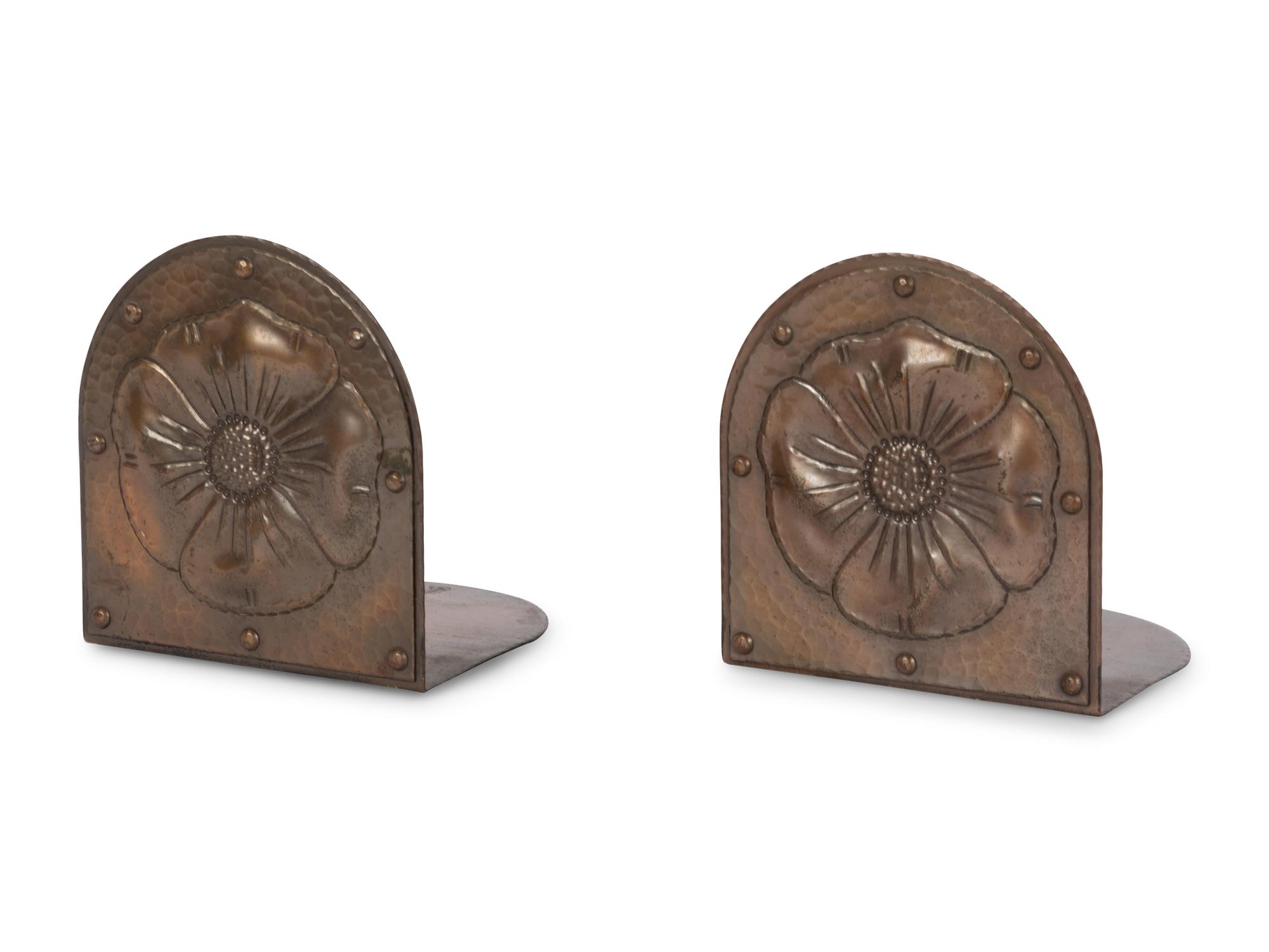 Roycroft Hammered Copper Poppy Bookends