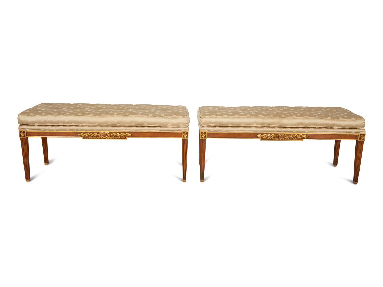 A Pair of Empire Style Parcel Gilt Mahogany Benches with Button Tufted Upholstered Seat
