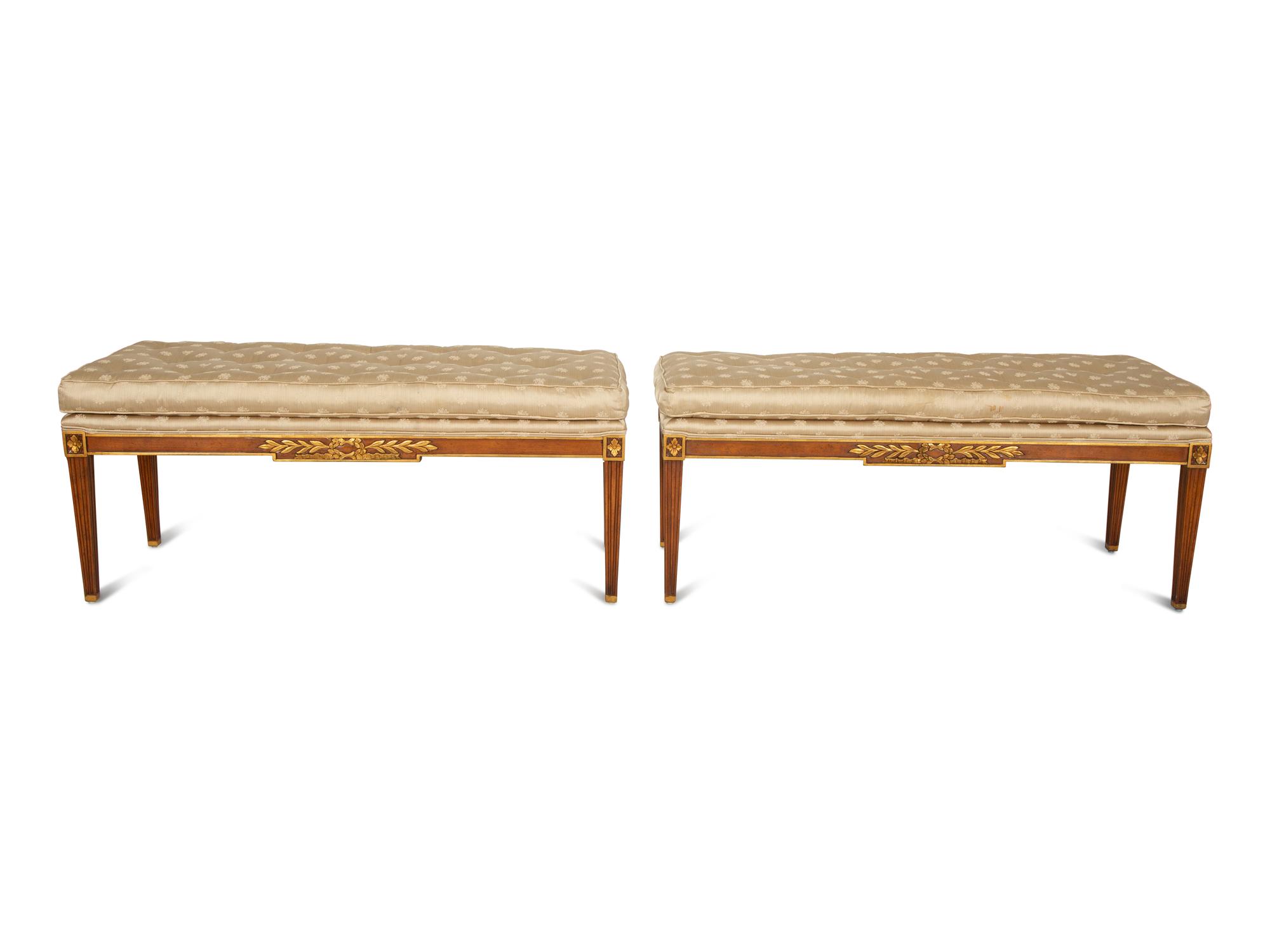 A Pair of Empire Style Parcel Gilt Mahogany Benches with Button Tufted Upholstered Seat