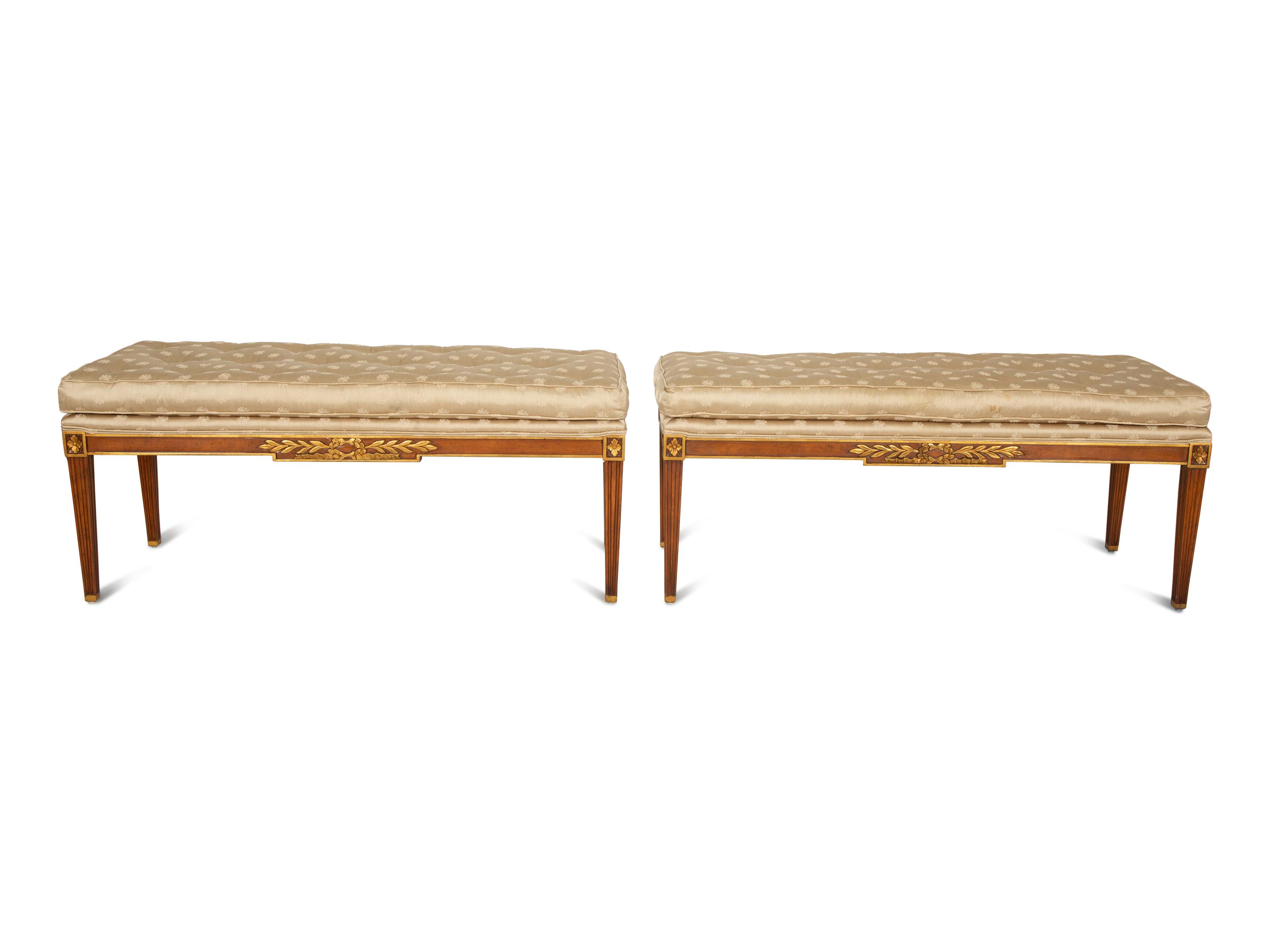 A Pair of Empire Style Parcel Gilt Mahogany Benches with Button Tufted Upholstered Seat