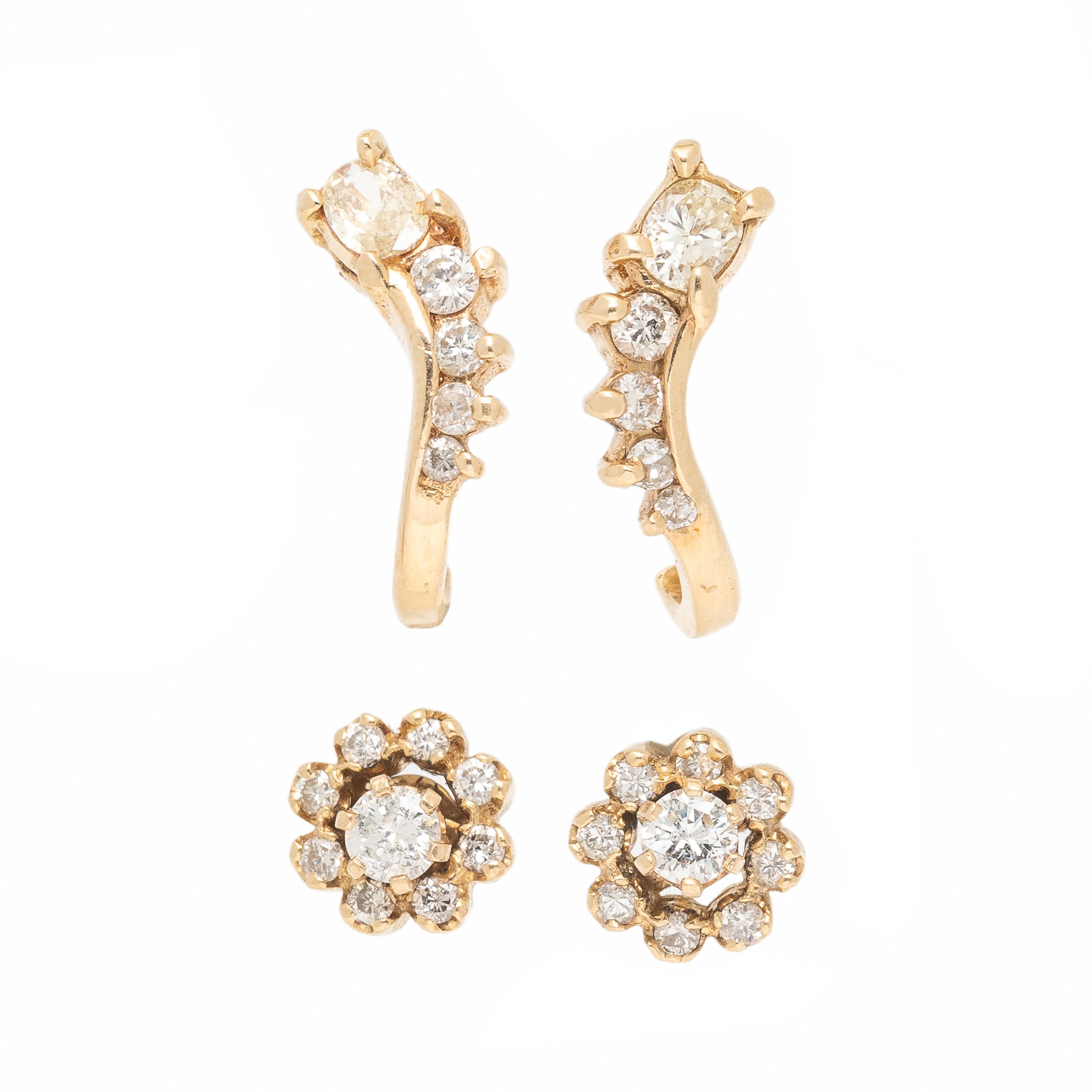 Two Pairs of Yellow Gold and Diamond Earrings