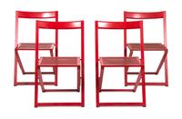 A Red Painted Metal Card Table with Four Folding Chairs height of table 29 1/4 x width 29 1/4 x depth 29 1/4 inches. — MID 20TH CENTURY
