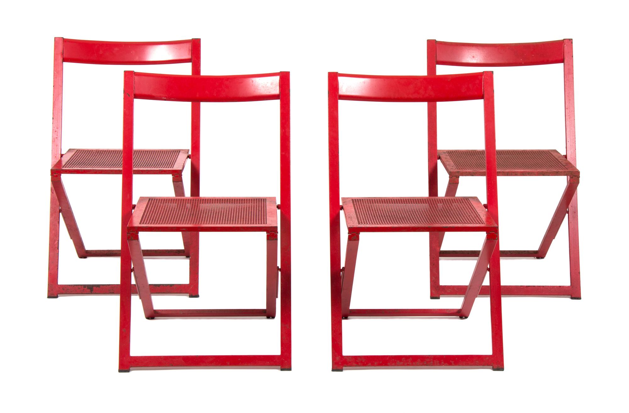 A Red Painted Metal Card Table with Four Folding Chairs height of table 29 1/4 x width 29 1/4 x depth 29 1/4 inches. — MID 20TH CENTURY