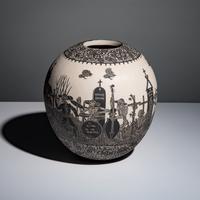 Hector Javier Martinez Mendez and Gabriela Periz de Martinez (Mata Ortiz, 20th century) — Black-on-Cream Sgraffito Pottery Jar, Remembering Artist Past - Day