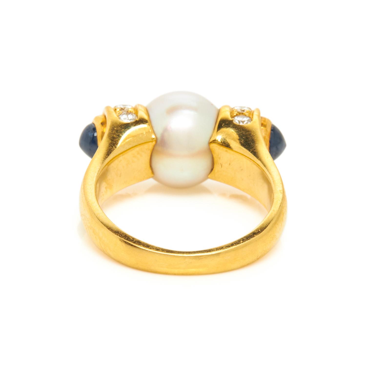 BULGARI, CULTURED PEARL, SAPPHIRE, AND DIAMOND RING
