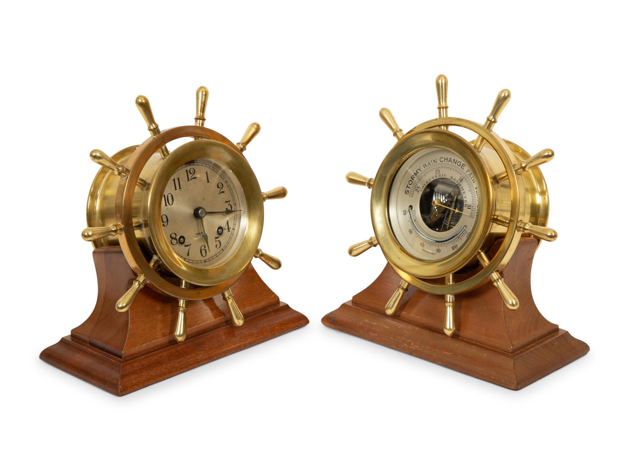 A Chelsea Ship's Wheel Clock and Matching Barometer