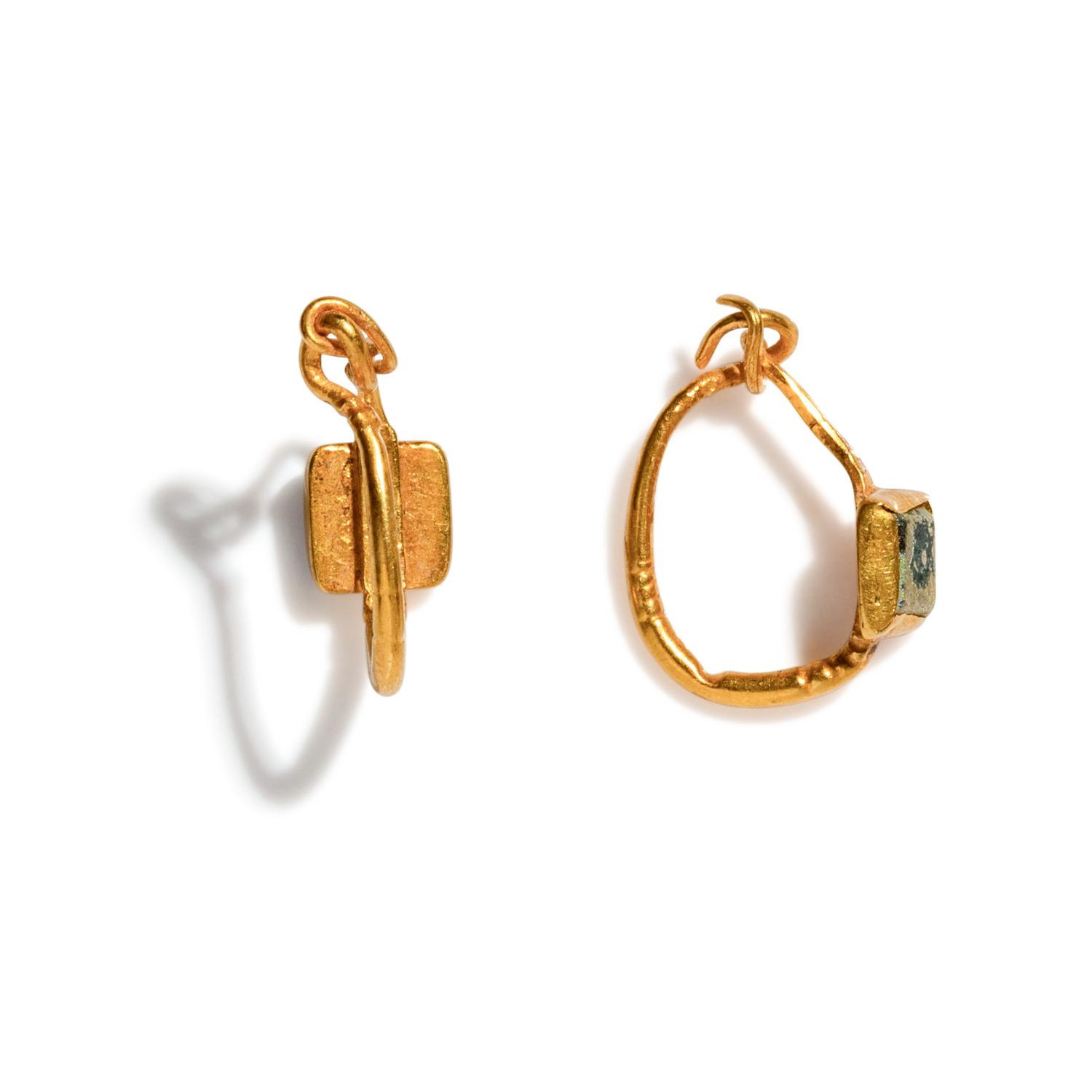 A Pair of East Roman Gold and Green Glass Earrings
