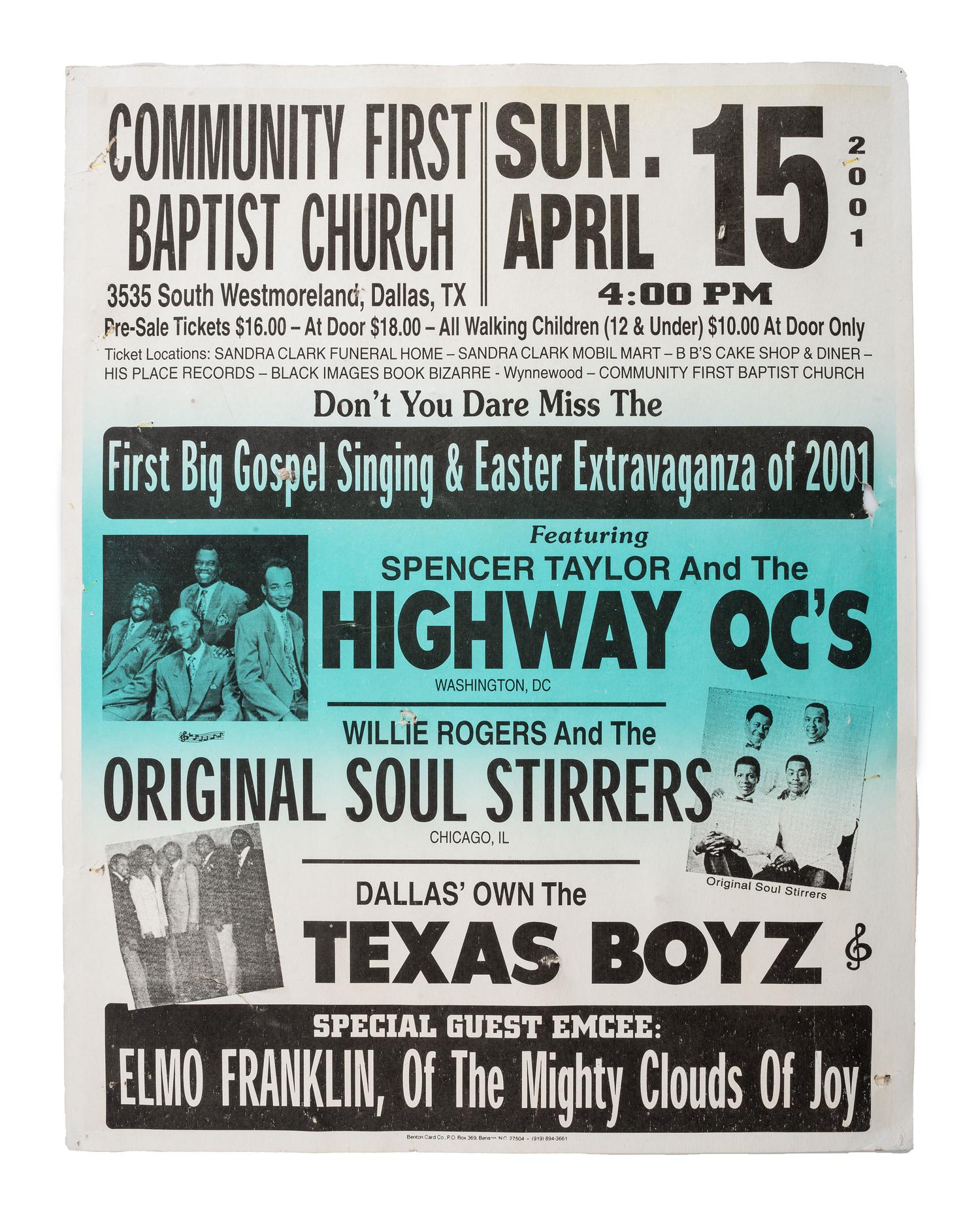 [MUSIC]. A group of 4 posters promoting gospel acts, incl. Soul Stirrers, Mighty Clouds of Joy, New Orleans Jazz & Heritage Festival and Dixie Hummingbirds.