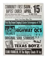 [MUSIC]. A group of 4 posters promoting gospel acts, incl. Soul Stirrers, Mighty Clouds of Joy, New Orleans Jazz & Heritage Festival and Dixie Hummingbirds.