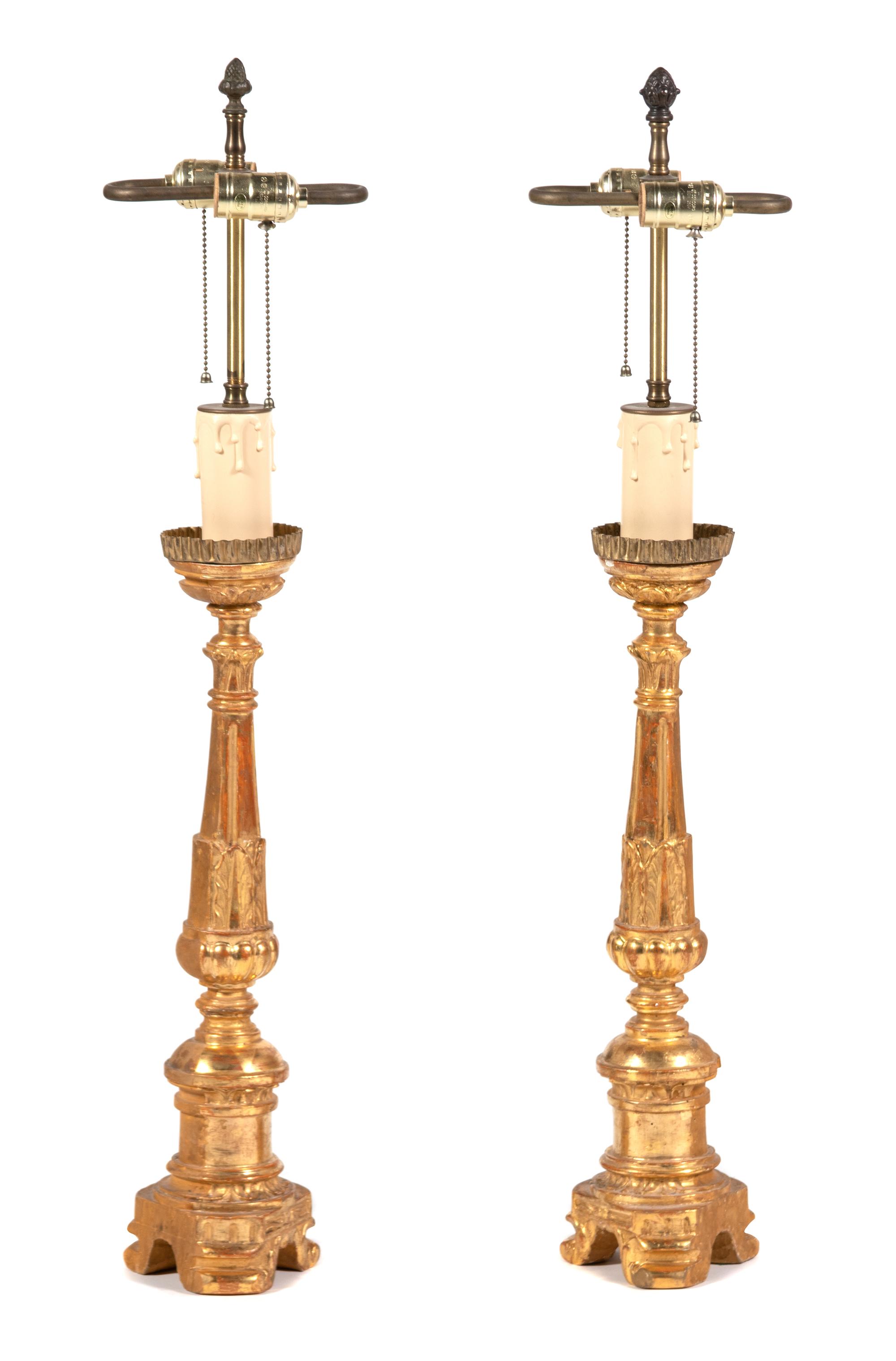 A Pair of Italian Giltwood Pricket Sticks Mounted as Lamps