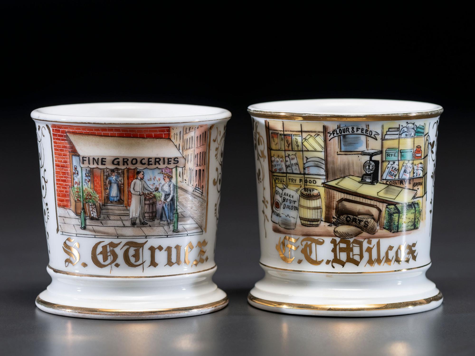 Two Grocer's Porcelain Occupational Shaving Mugs