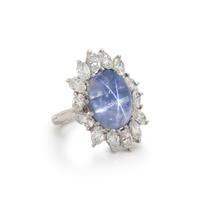 STAR SAPPHIRE, DIAMOND AND PLATINUM RING