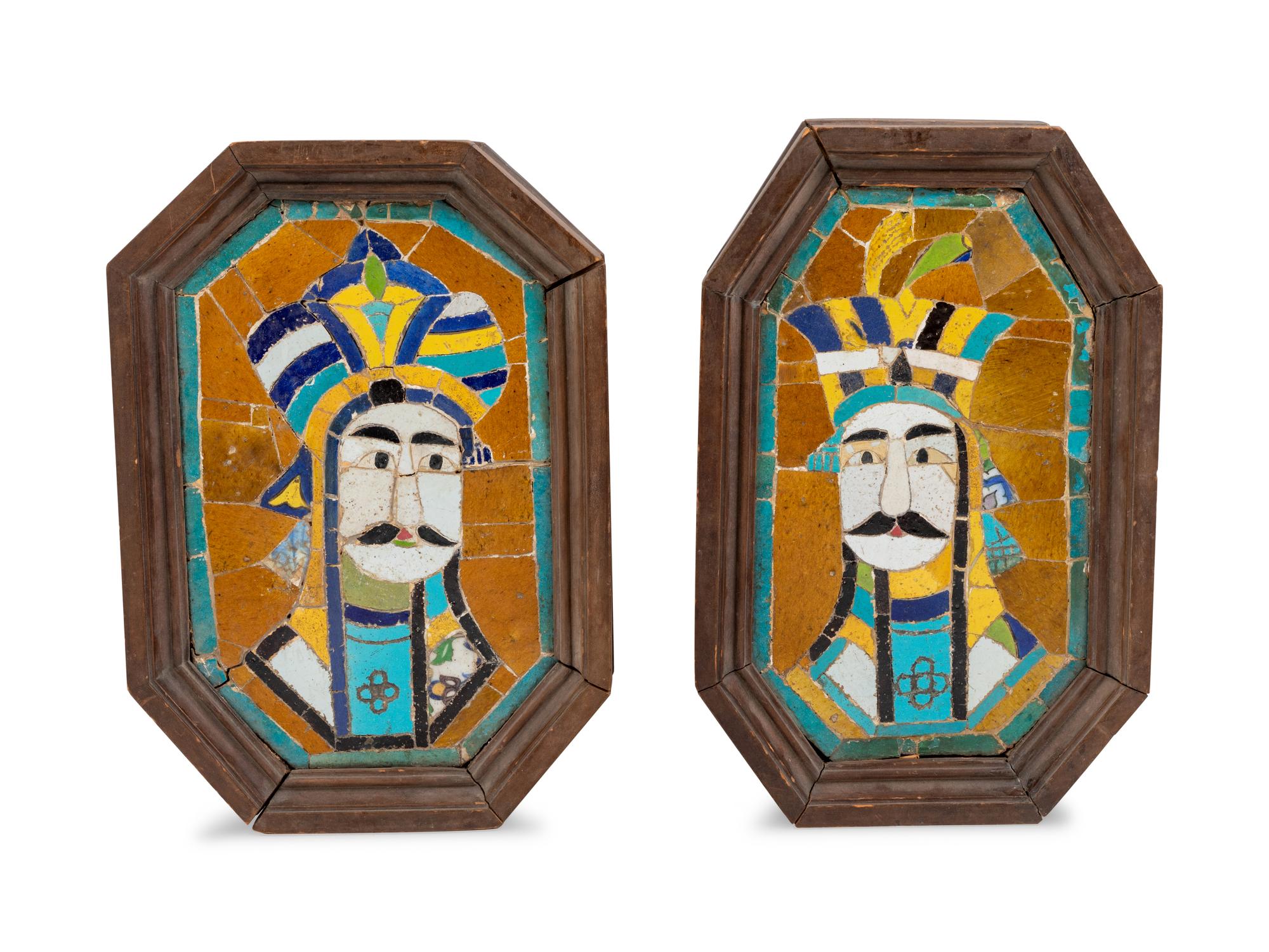 A Pair of Mosaic Qajar Shah Portraits