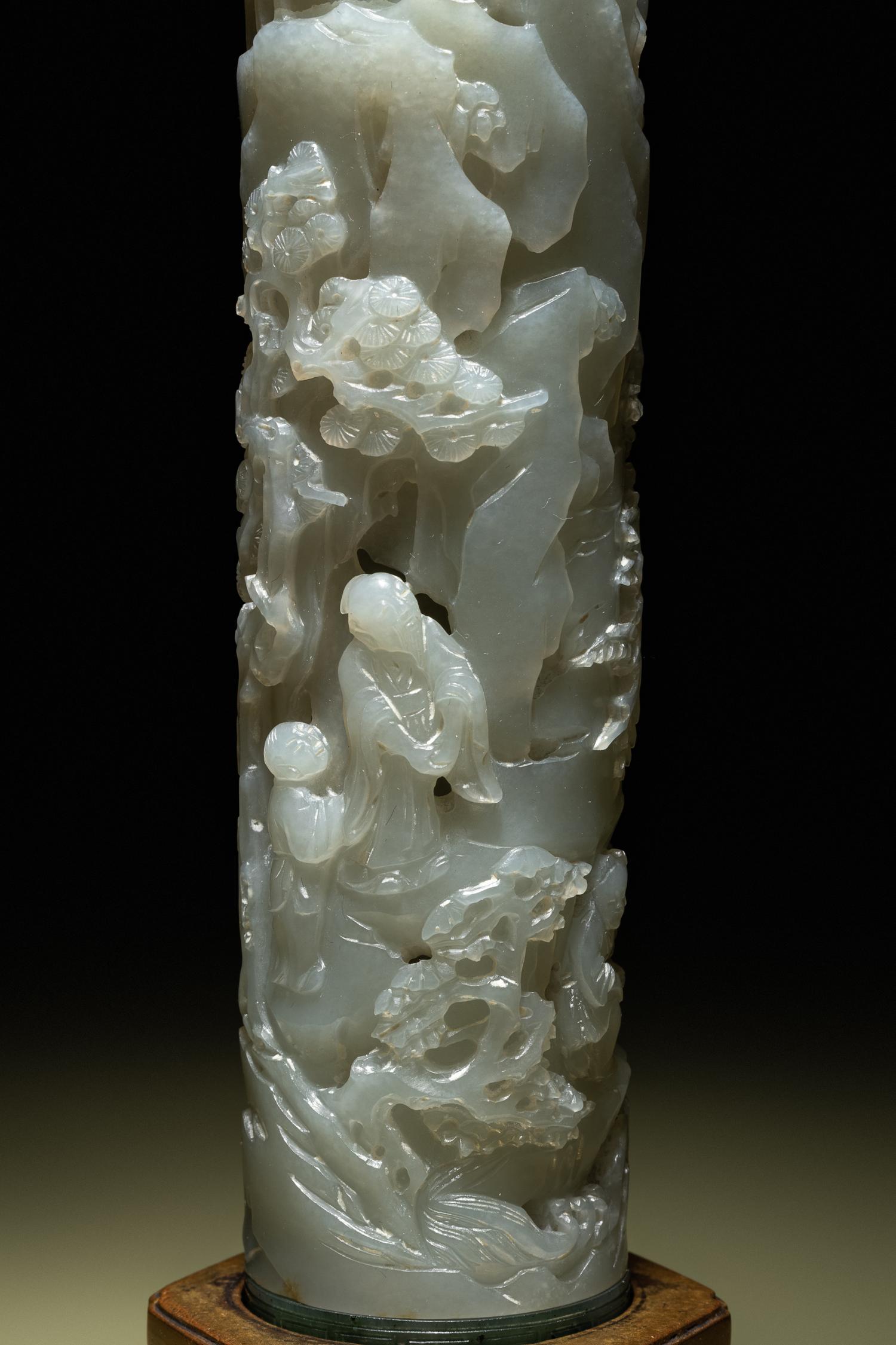 A Pair of Carved Celadon Jade Cylindrical Parfumiers