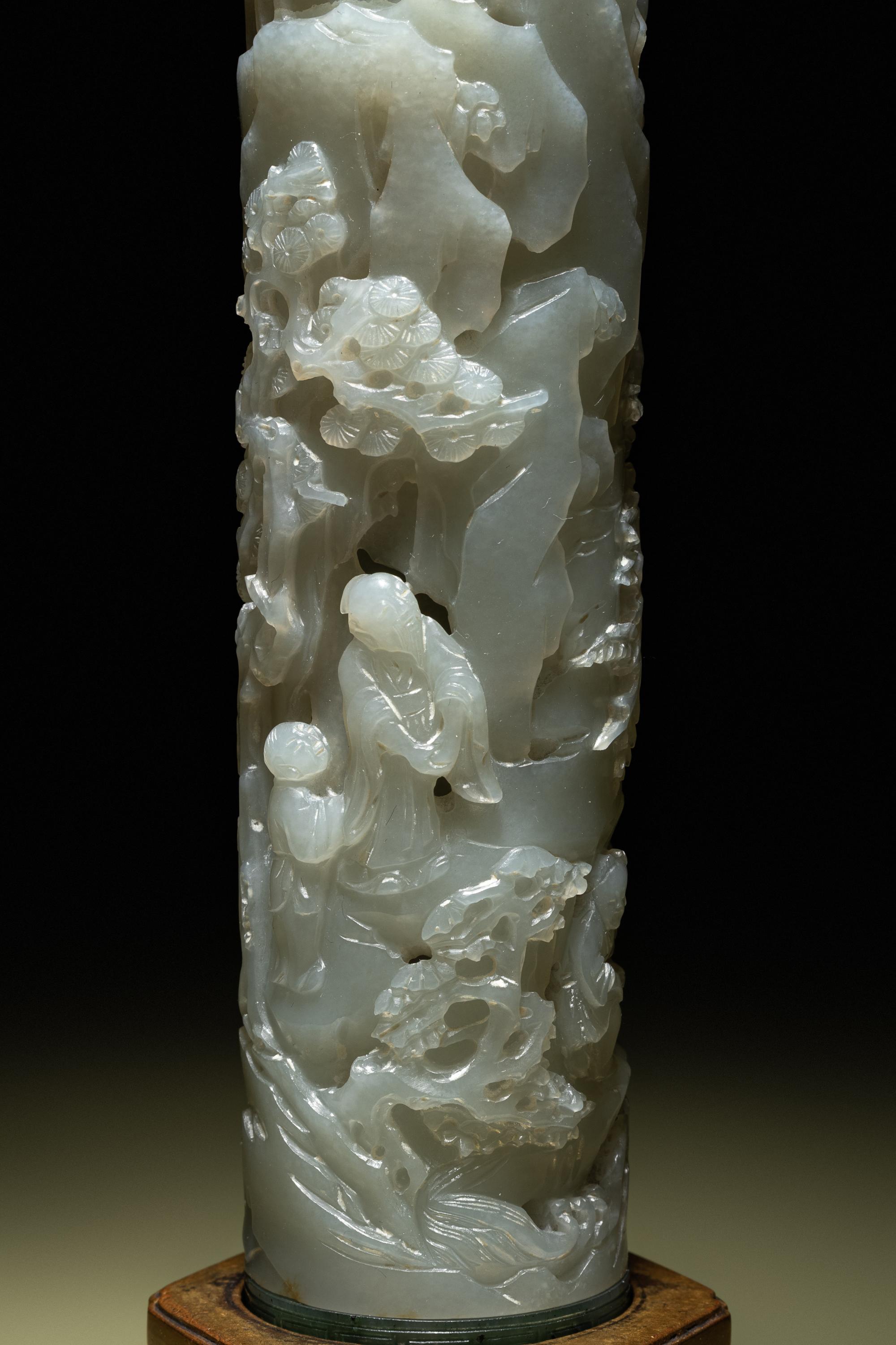 A Pair of Carved Celadon Jade Cylindrical Parfumiers