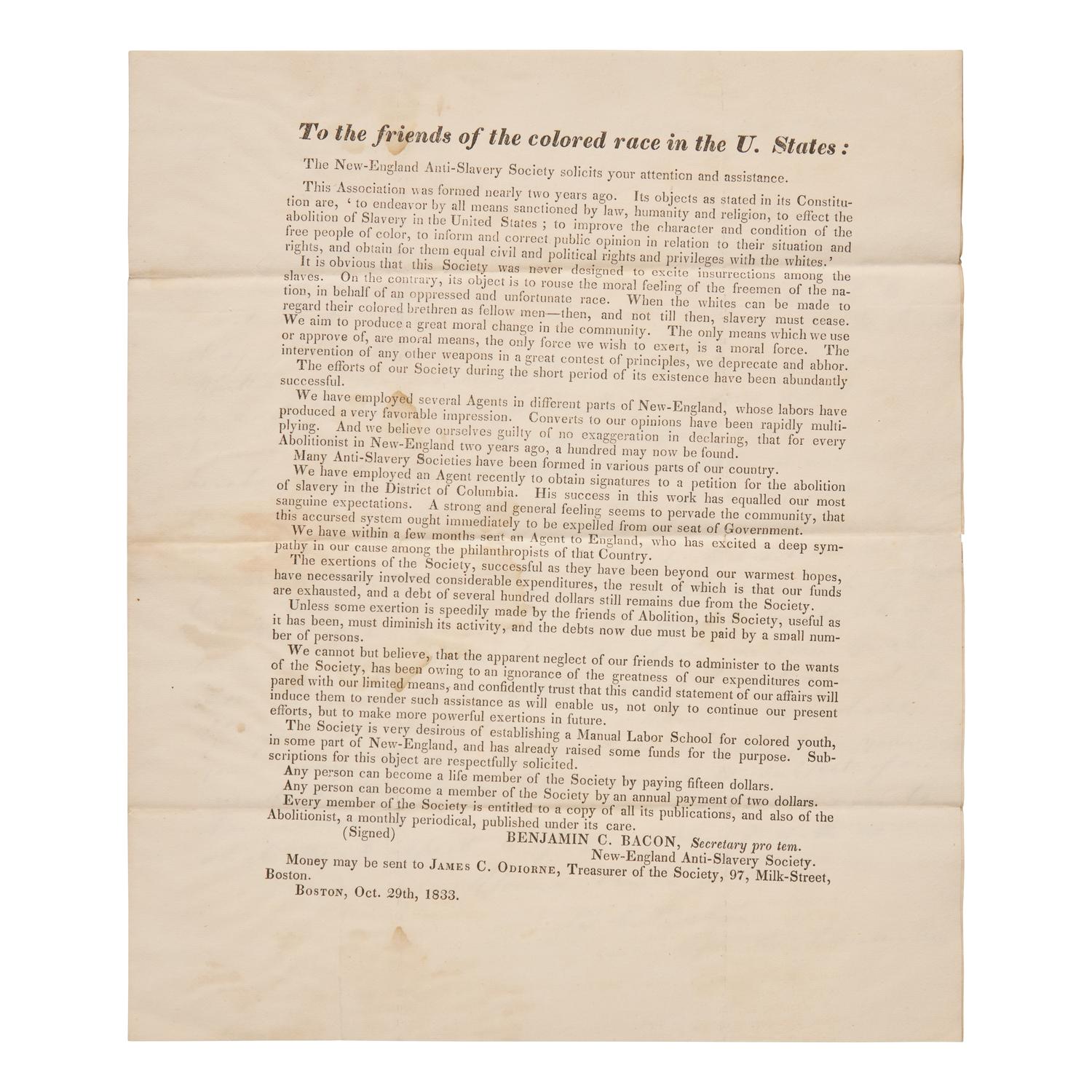 [African-Americana] Bacon, Benjamin C. Autograph Letter, signed on Printed Circular "To the friends of the colored race in the U. States."