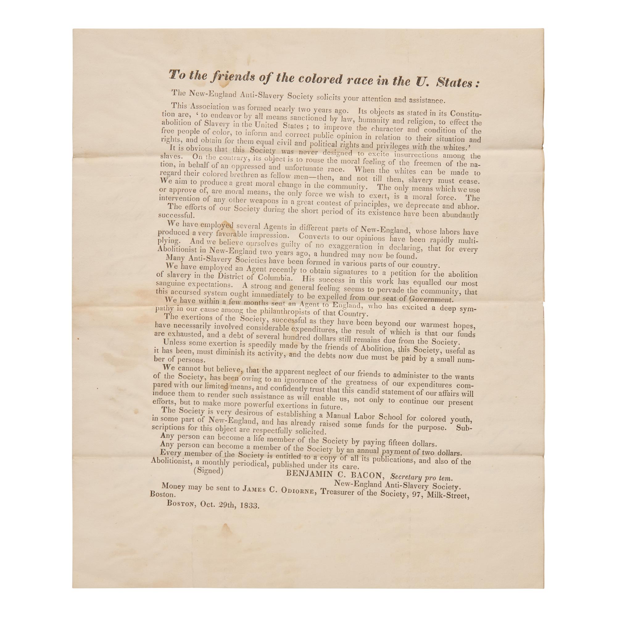 [African-Americana] Bacon, Benjamin C. Autograph Letter, signed on Printed Circular "To the friends of the colored race in the U. States."
