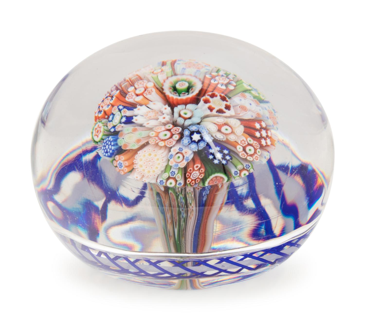 A Baccarat Close Packed Millefiori Mushroom with Blue Torsade Glass Paperweight