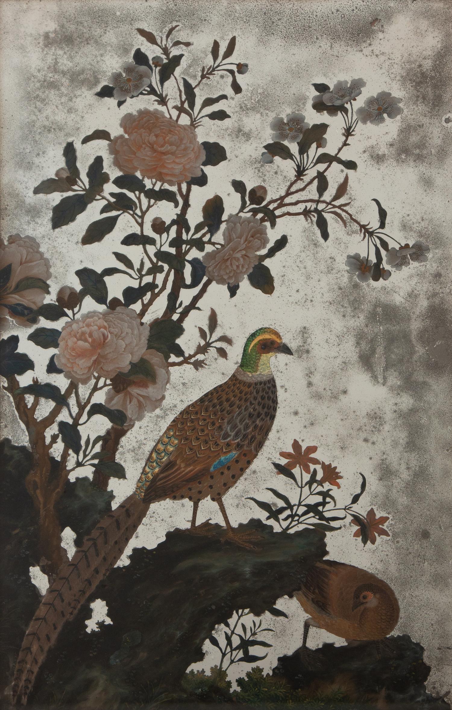 A Chinese Reverse-Painted Mirror with Pheasants and Peonies