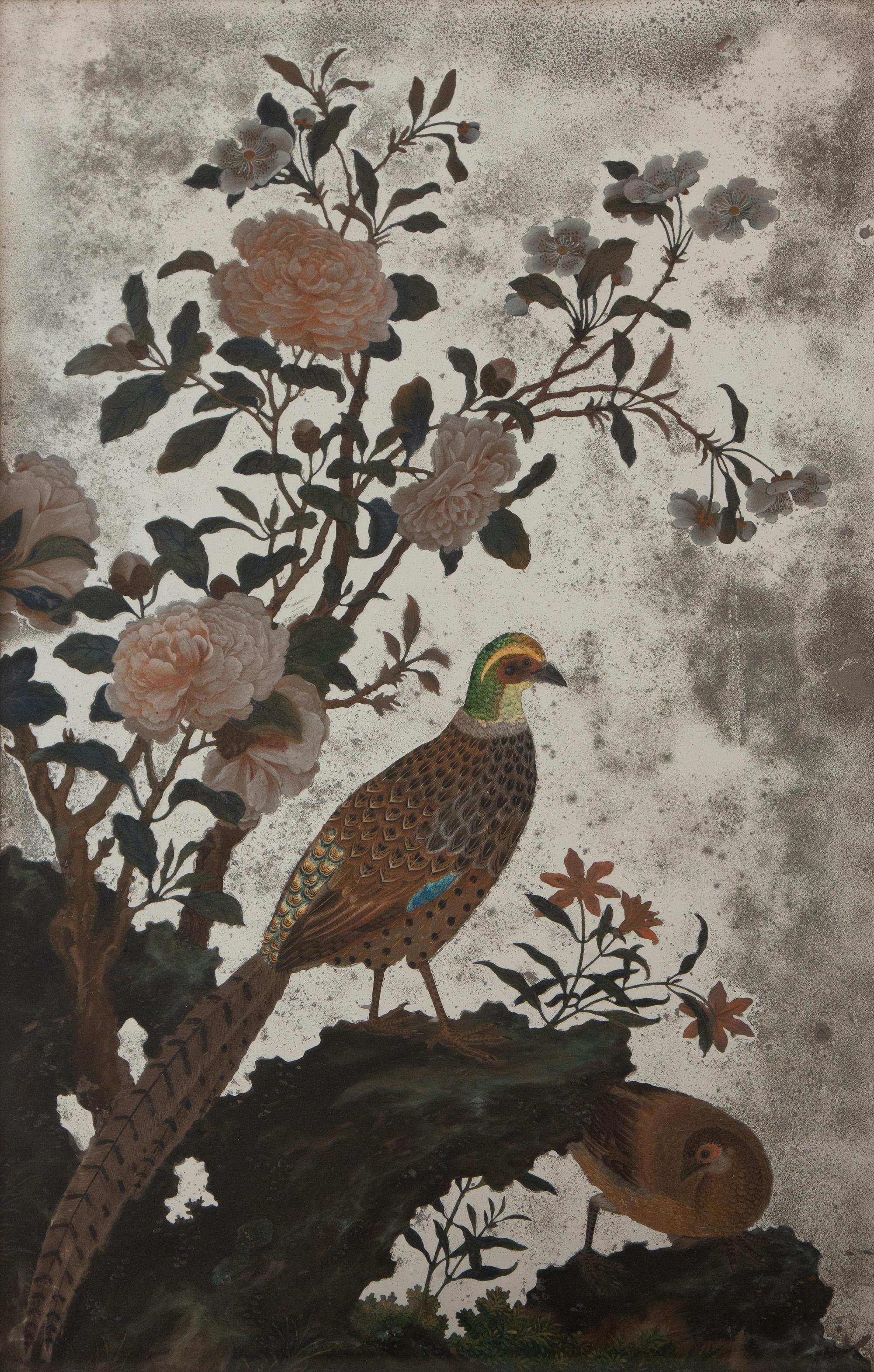 A Chinese Reverse-Painted Mirror with Pheasants and Peonies