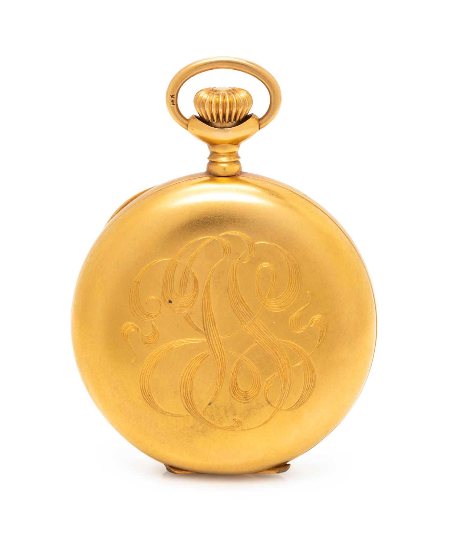 WALTHAM, 14K YELLOW GOLD AND DIAMOND HUNTER CASE POCKET WATCH