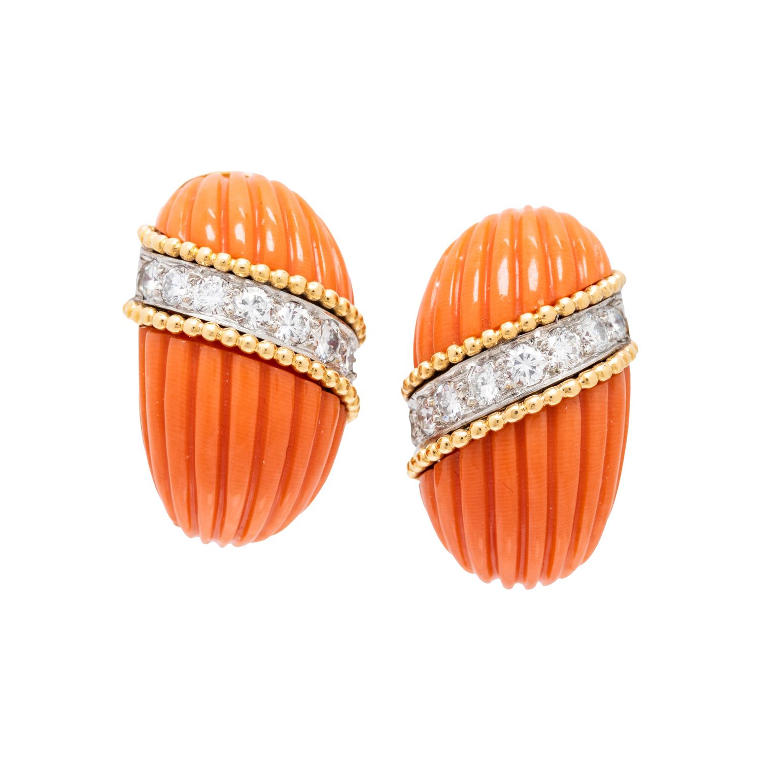 VAN CLEEF & ARPELS, CORAL AND DIAMOND CLIP EARRINGS