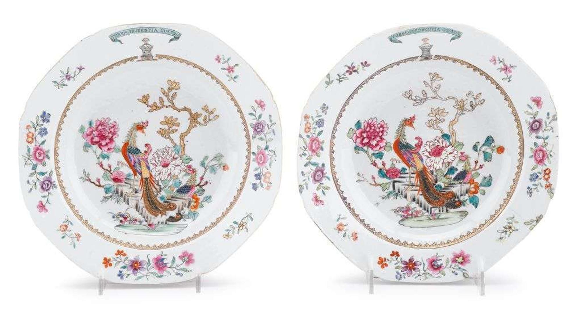 Pair of Chinese Export porcelain armorial soup bowls 18th century