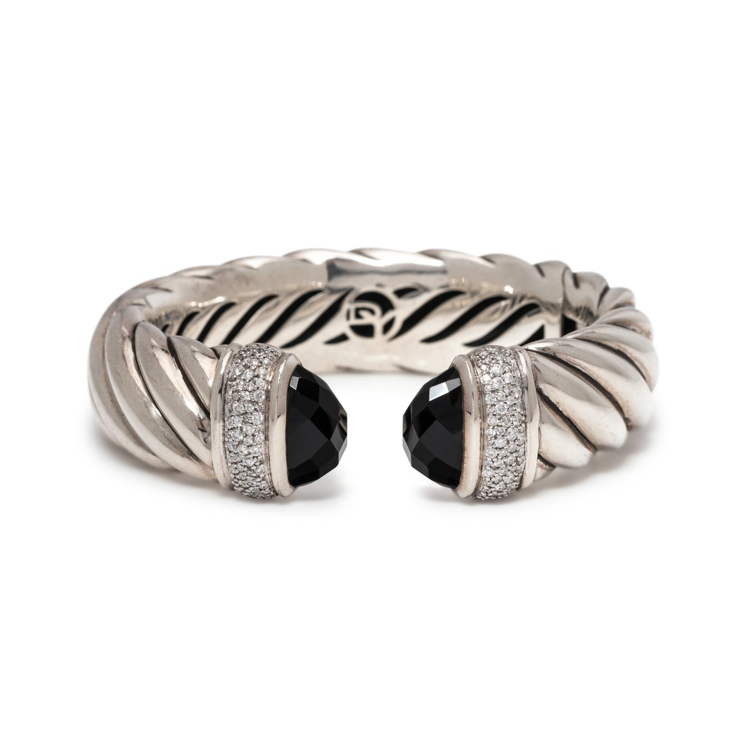 DAVID YURMAN, STERLING SILVER, ONYX AND DIAMOND 'CABLE CLASSIC' CUFF BRACELET