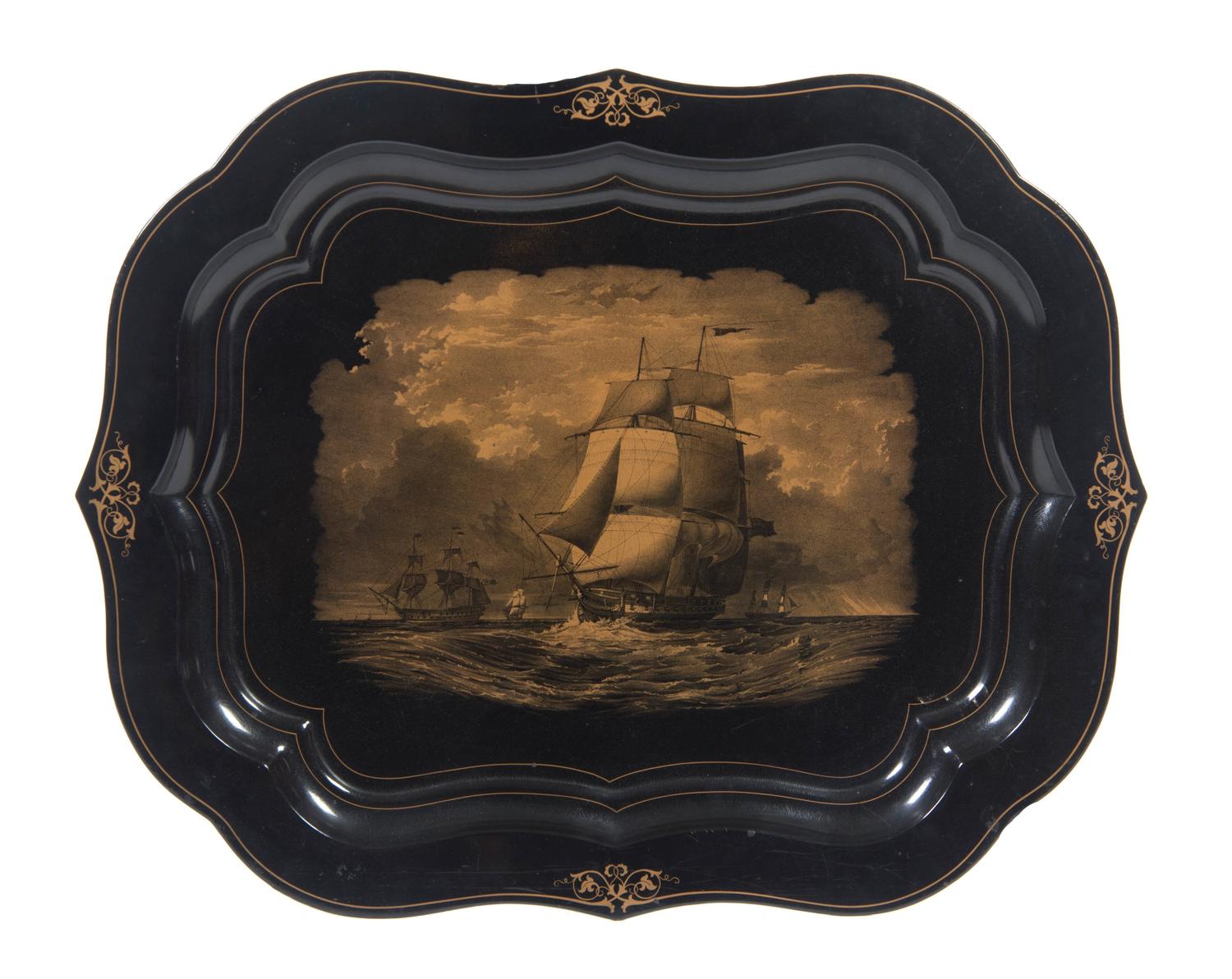 An American Victorian Gilt Decorated Tole Tray, Width 27 inches.