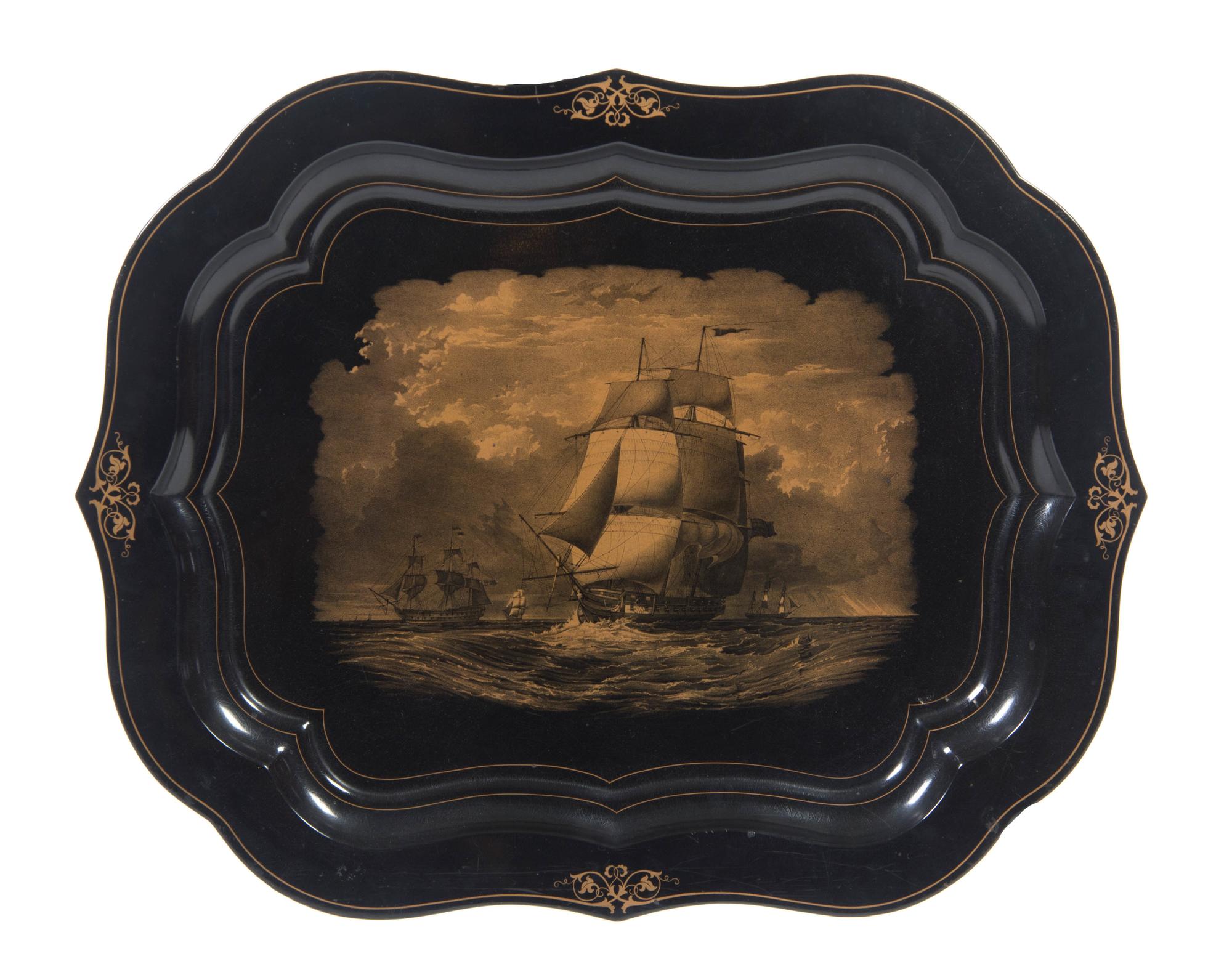 An American Victorian Gilt Decorated Tole Tray, Width 27 inches.
