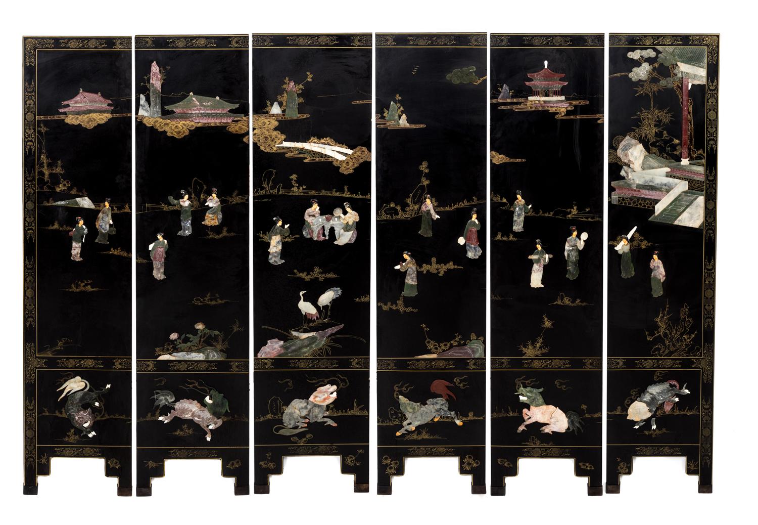 A Chinese Black Lacquer Six-Panel Floor Screen — 20TH CENTURY
