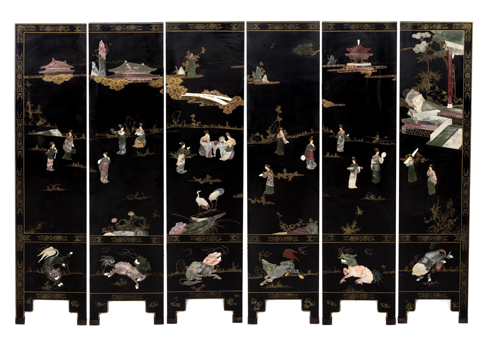 A Chinese Black Lacquer Six-Panel Floor Screen — 20TH CENTURY