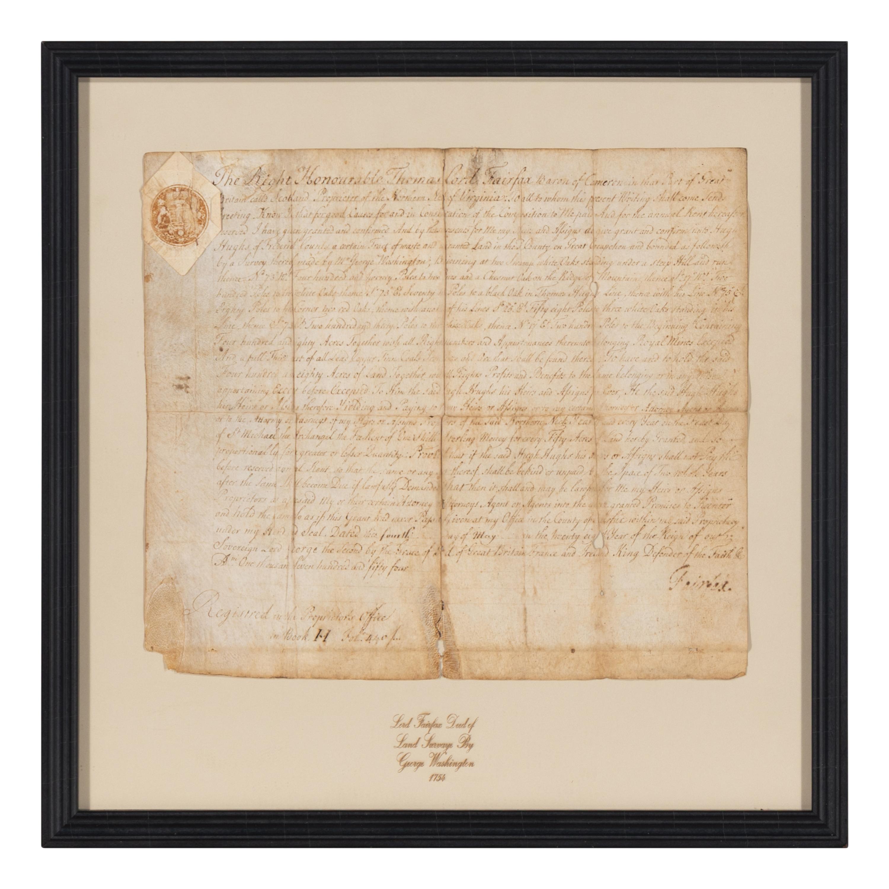 [Washington, George (1732-1799)]. Fairfax, Thomas, Lord (1693-1781). Manuscript document signed ("Fairfax"), 4 May 1754.