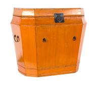 A Large Orange Painted Hinged Top Trunk with Metal Mounts Height 22 3/4 x length 25 1/2 inches.