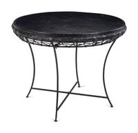 A Rustic Raffia and Hide Side Table with an Iron Base