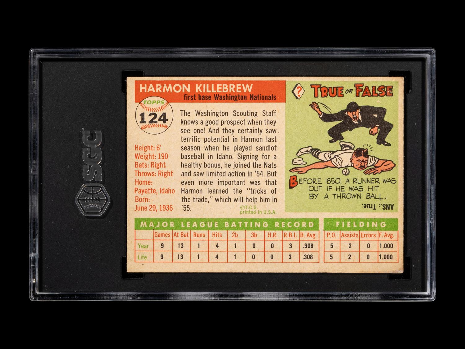A 1955 Topps Harmon Killebrew Rookie Baseball Card No. 124 (SGC Authentic)