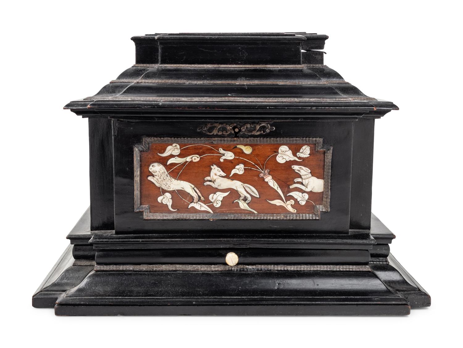 A German Mother-of-Pearl Inlaid Ebonized Jewelry Casket