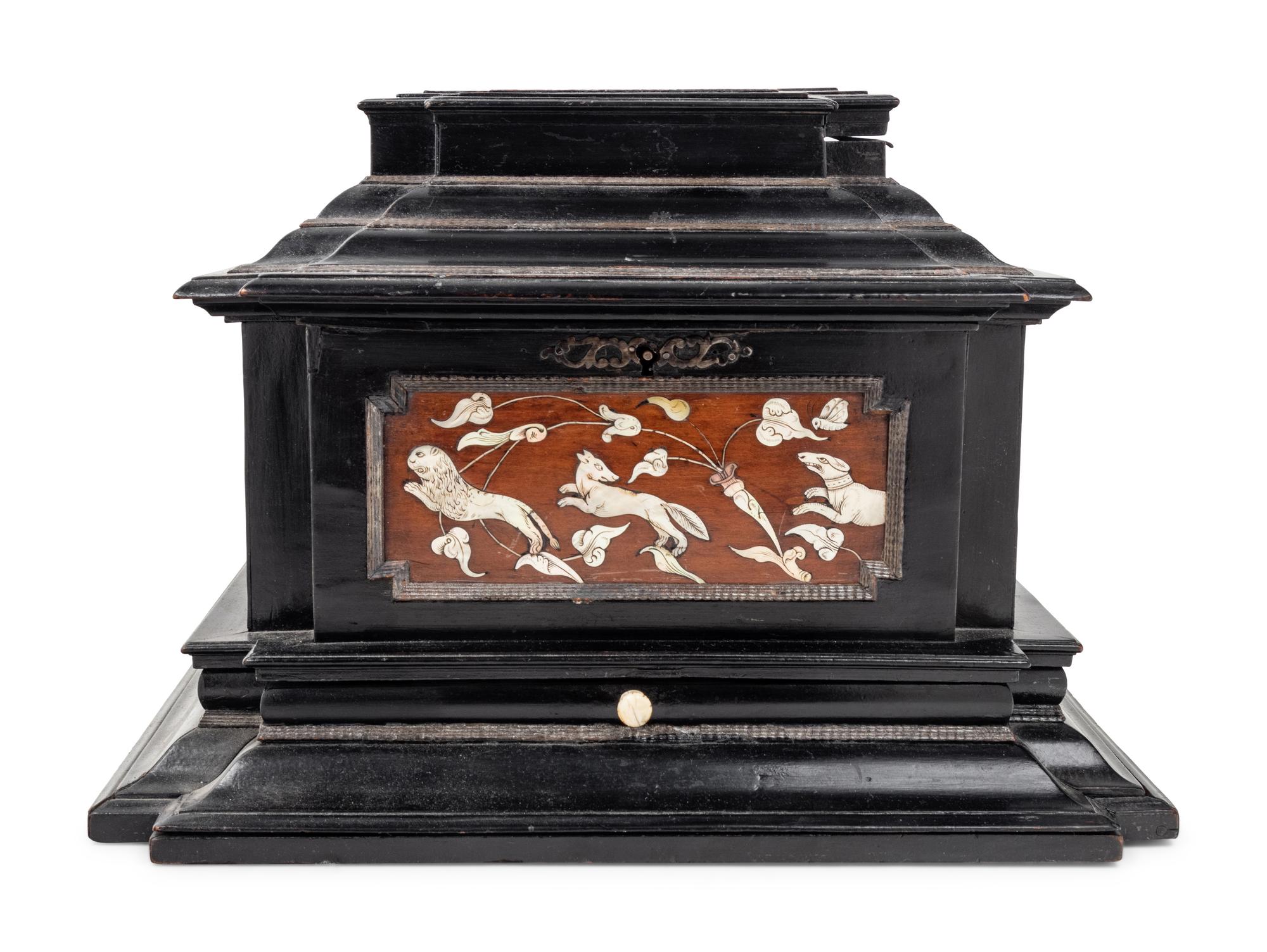 A German Mother-of-Pearl Inlaid Ebonized Jewelry Casket