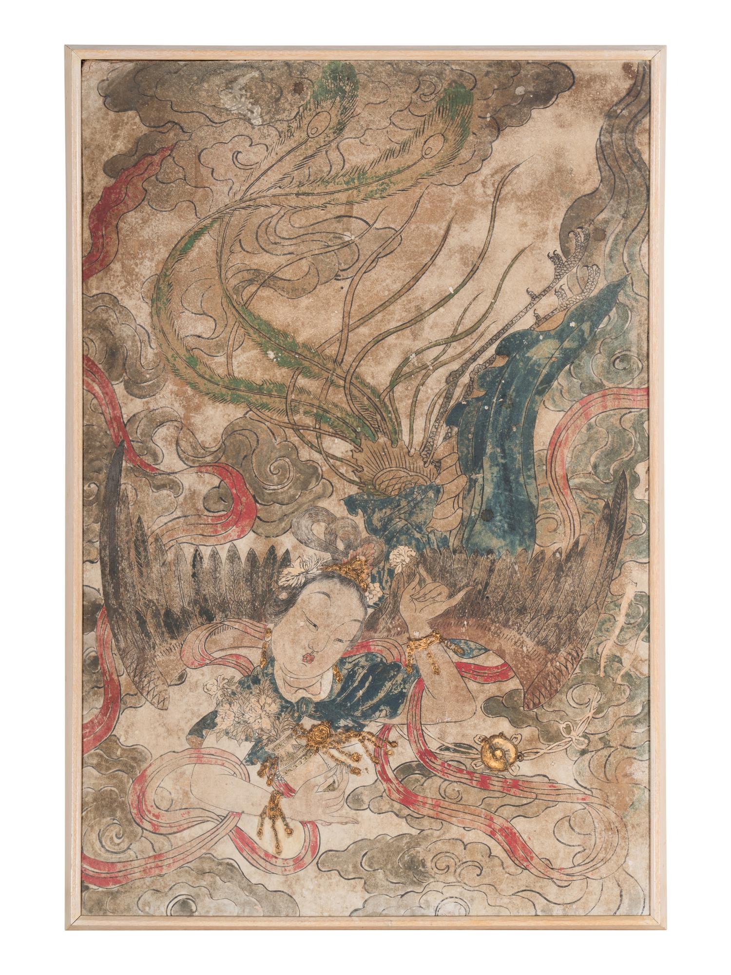 A Chinese Polychrome and Gilt Decorated Fragment of a Taoist Stucco Fresco, Possibly Yuan/Ming Dynasty 或為元/明 瀝粉貼金彩繪迦陵频伽壁畫