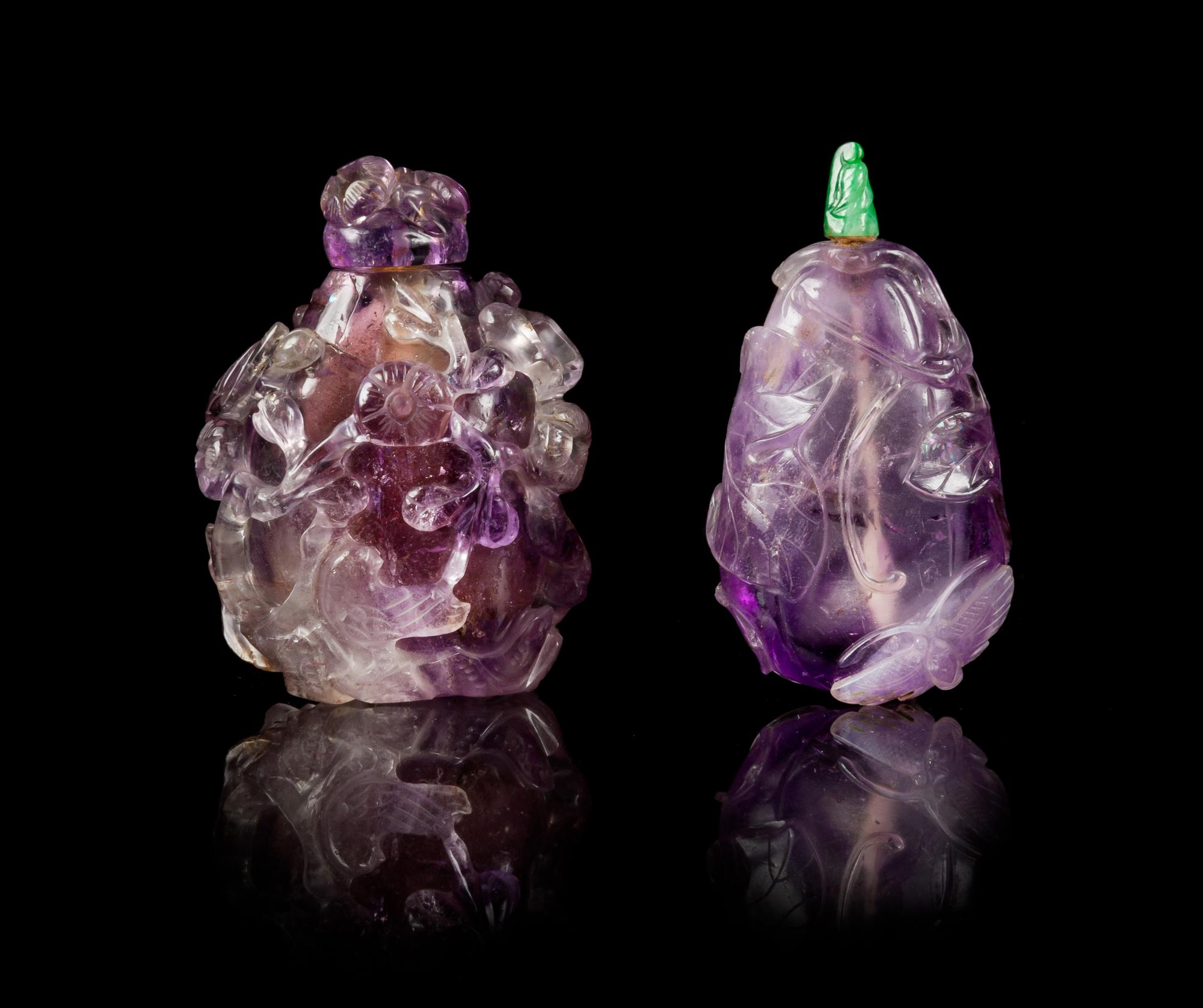Two Carved Amethyst Snuff Bottles Height of larger 2 1/2 inches. — 19TH CENTURY