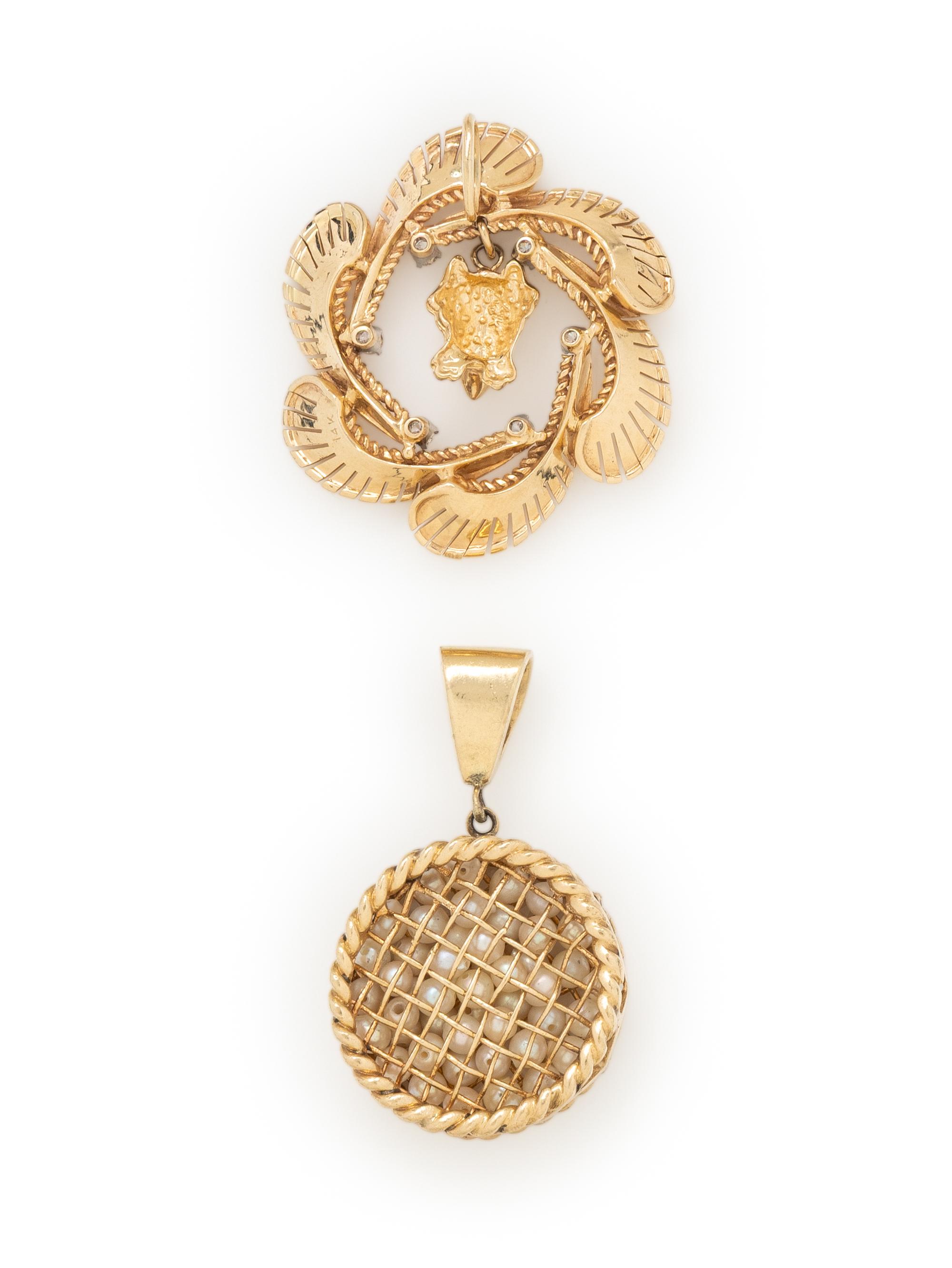 TWO YELLOW GOLD, SEED PEARL, AND DIAMOND PENDANTS