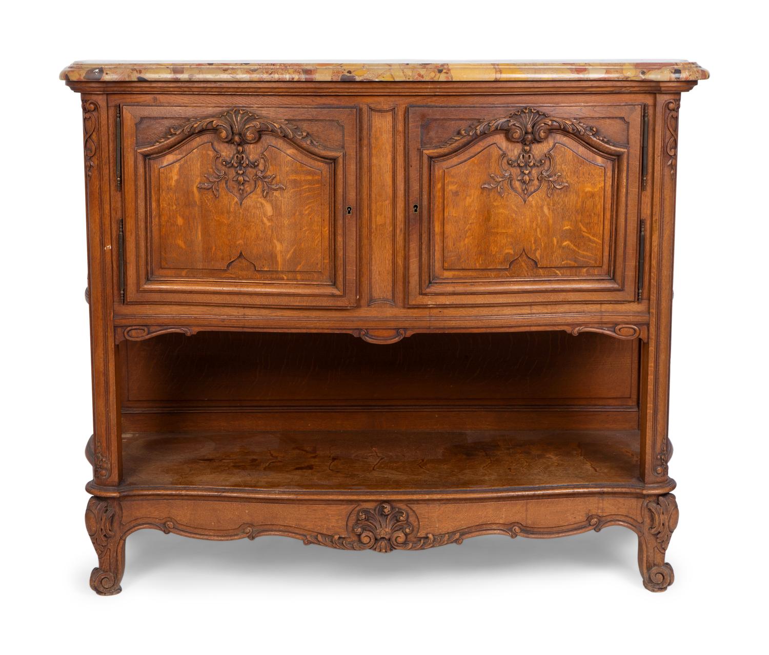 A Louis XV Style Provinical Carved Oak Marble Top Buffet — 19TH/20TH CENTURY