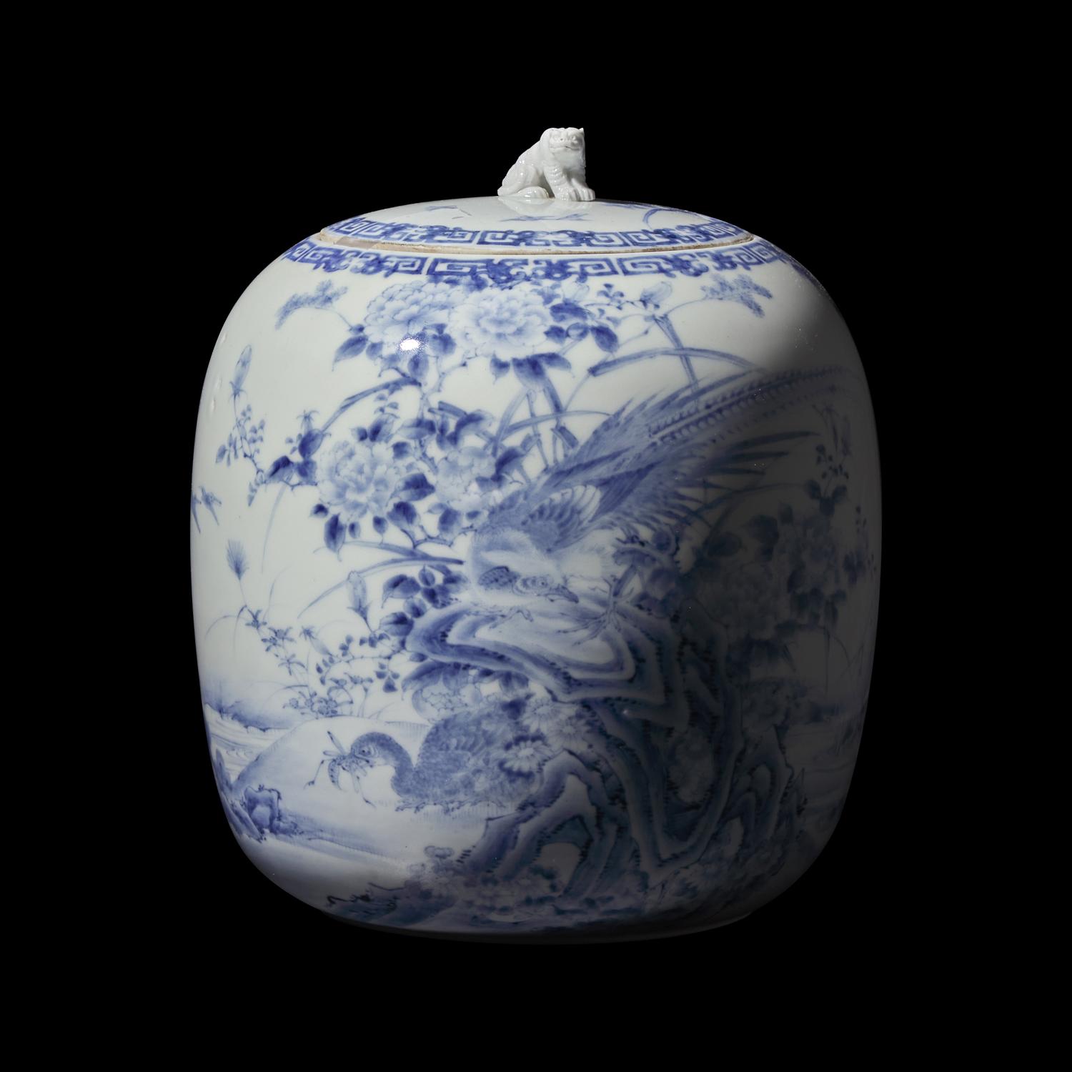 A Japanese Hirado Blue and White 'Birds and Insects' Water Jar and Cover, Mizusashi , Meiji Period