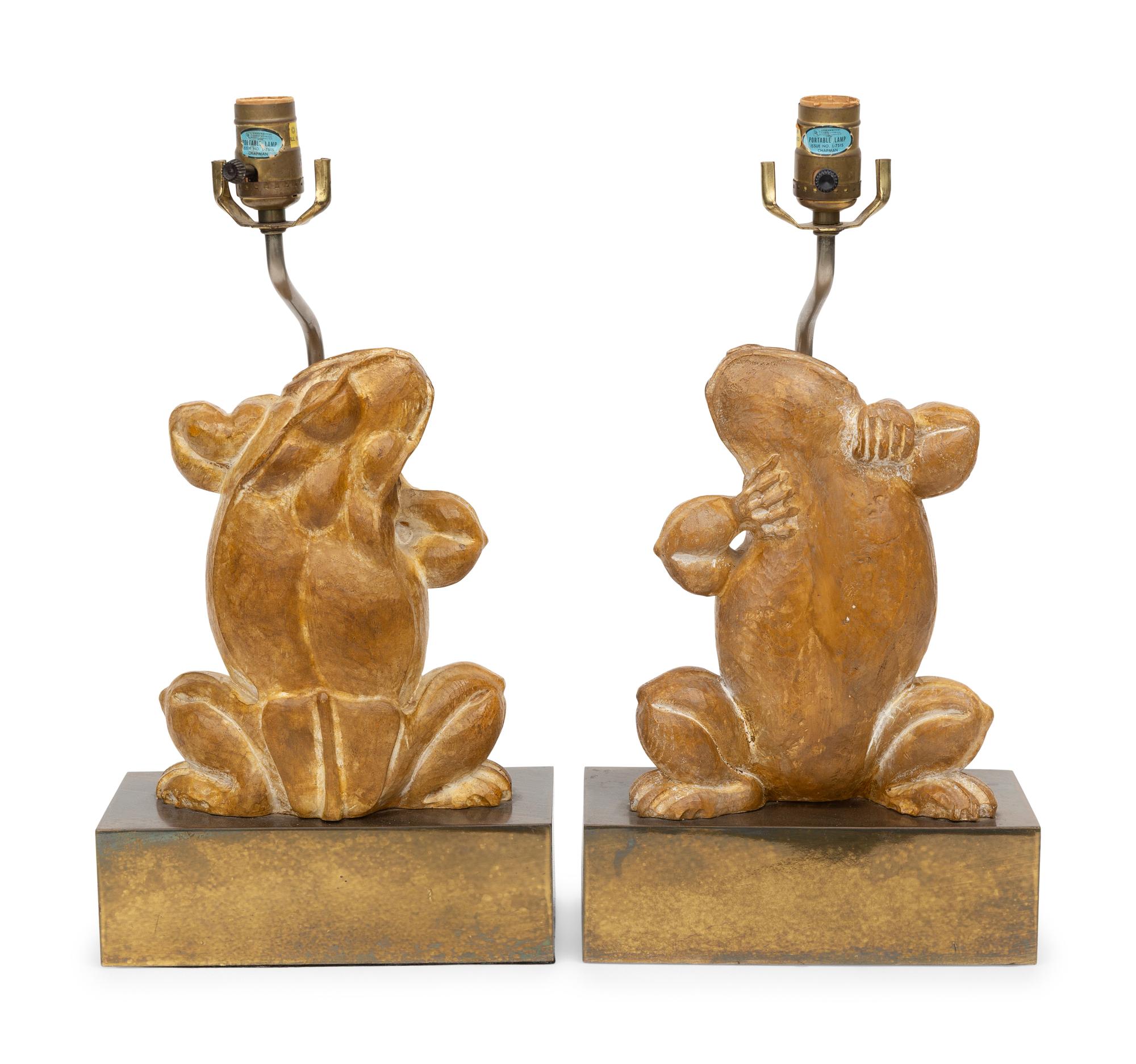 A Pair of Brass and Composite Frog Table Lamps