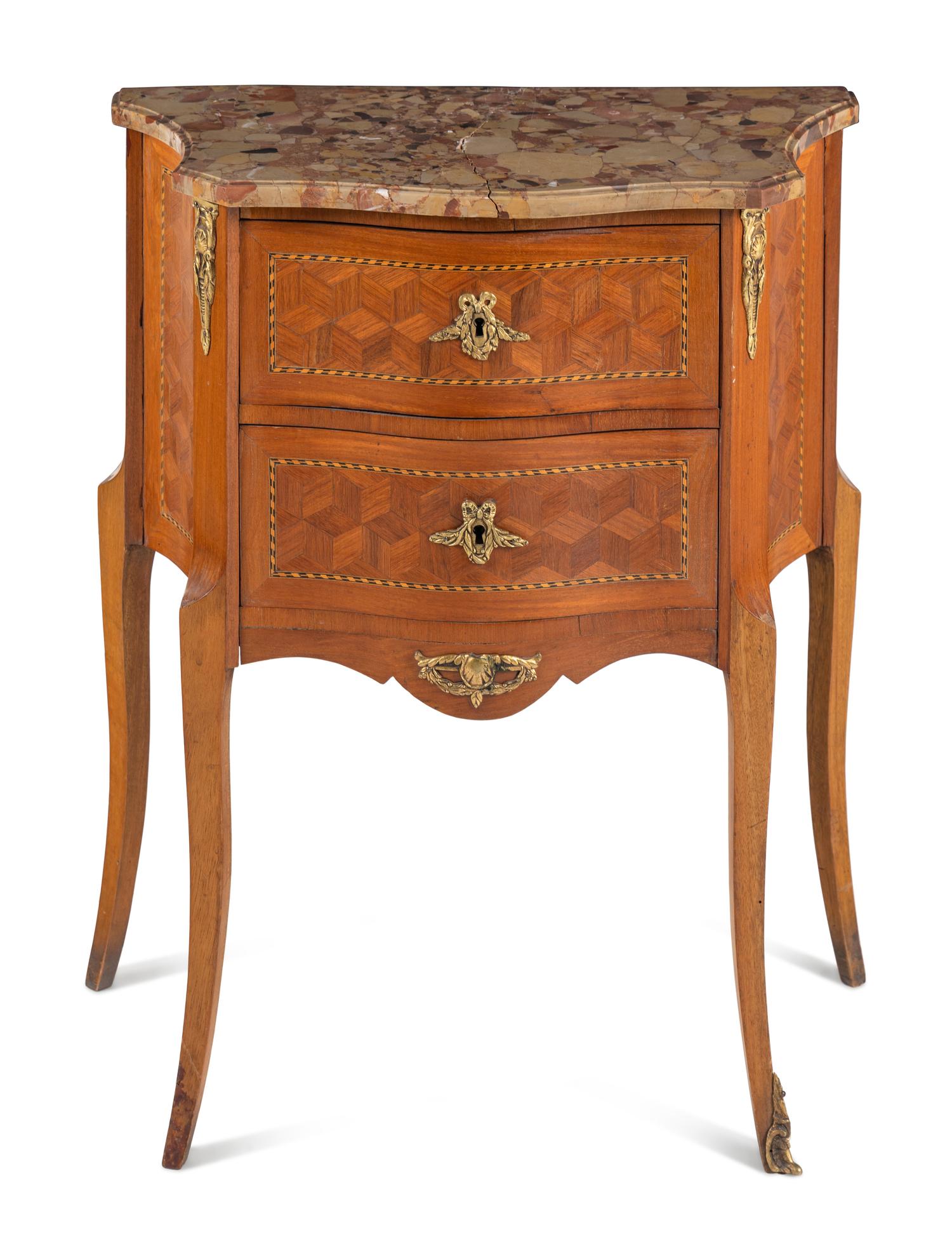 A Louis XV/XVI Transitional Style Parquetry Marble-Top Side Table