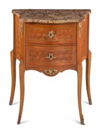 A Louis XV/XVI Transitional Style Parquetry Marble-Top Side Table