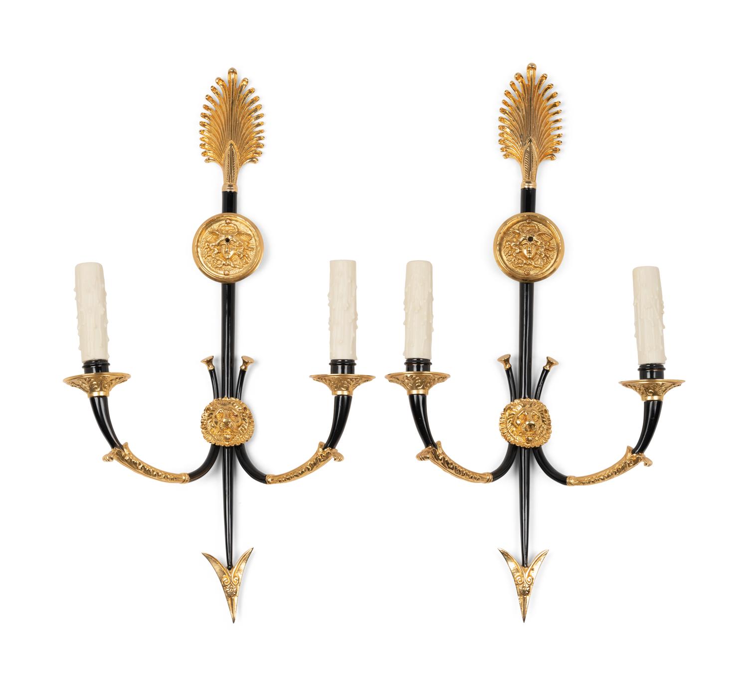 A Pair of Empire Style Gilt and Enameled Metal Two-Light Sconces