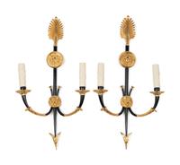 A Pair of Empire Style Gilt and Enameled Metal Two-Light Sconces